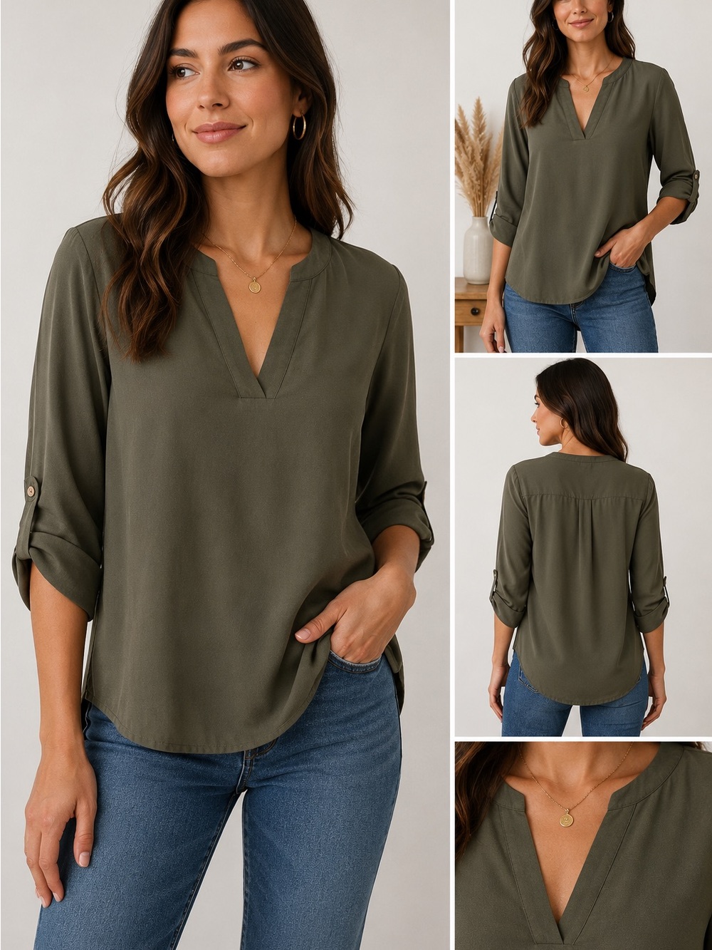 Express Olive Green V-Neck Roll Tab Sleeve Blouse Top Size Medium